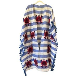 Blue & White Striped Tasseled Kimono Cover Up OS Embroidered BENARAS by Citrus